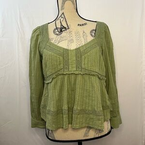American Eagle Y2K Green Lace Trim Blouse Babydoll